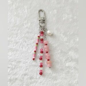 Summer Strawberry Pink Beaded Bag Charm Keychain with Real Pearl